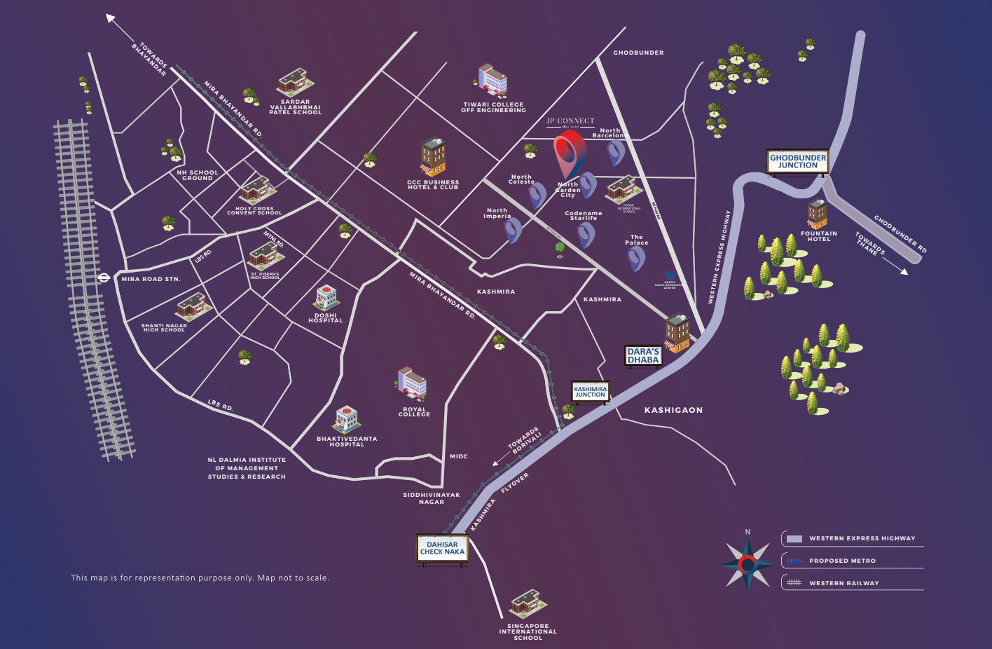 JP Connect Mira Road East location and connectivity map showing Western Express Highway and metro